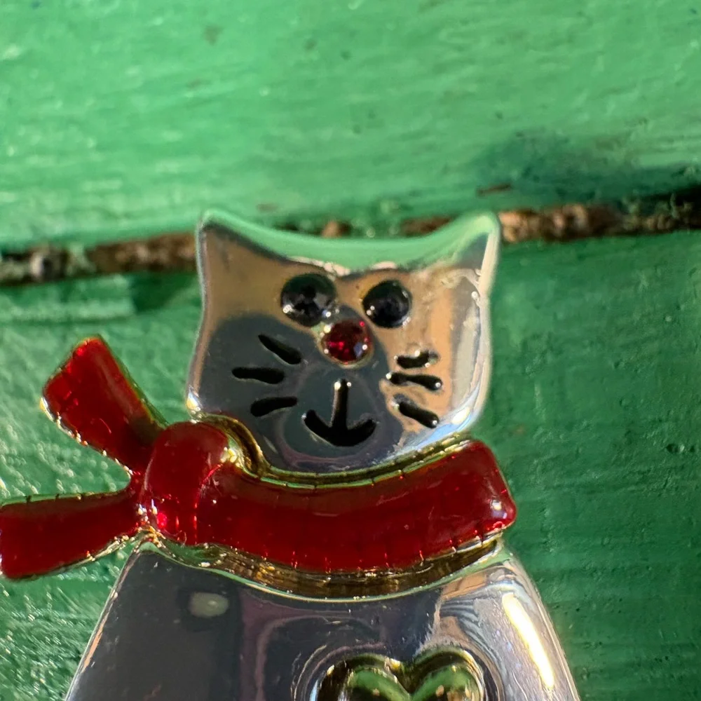 Charming Silver Cat Brooch with Red Scarf